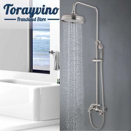 Bathroom Shower Sets Torayvino Bathroom Shower Faucet Set Nickel Brushed Wall Mounted Rainfall Shower Head Daul Handle With Hot And Cold Water Mixer G230525