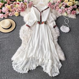 Ethnic style embroidered V-neck dress vacation beach skirt slimming waist style ruffled hem large swing long skirt