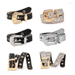 Belts L93F Punk Relief Pattern Buckle Woman Locomotive Full Sequins Waist Western Cowgirl Y2K Girls Belt For Jeans Men