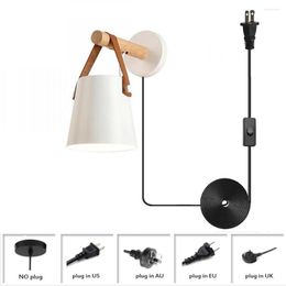 Wall Lamp Wooden White Metal Plug In Cord Vintage Brown Leather And Wood Sconce Industrial Light For Home El