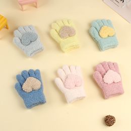 16178 Children's Gloves Winter Warm Plus Fleece Five Finger Gloves Girls Baby Full Fingers Love Glove
