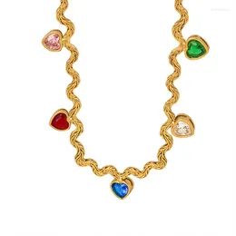 Pendant Necklaces Minar Textured Candy Colour CZ Zircon Heart For Women 18K Gold Plating Brass Twist Herringbone Chain Choker