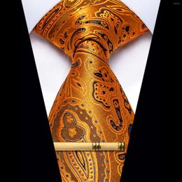 Bow Ties Men Gold Paisley Necktie With Clip 8 Cm Luxury Silk Business Party Tie For Man Dress Wedding Groom Neck Wear Yellow Yourties