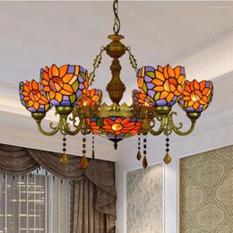 Chandeliers 32 " Stained Glass Style Sun Flower Lamp Shades 6 Arms Chandelier With 12 Inches Inverted Ceiling Pendant