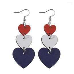 Dangle Earrings Trio Red White Blue Stacked Wood Heart Memorial Day For Women Patriotic Independence Wholesale