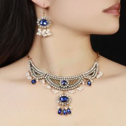 Boho Vintage Royal blue Crystal Earrings Women Jewellery Set Antique Gold Colour Statement Imitation pearls Tassel Necklace Femme Indian Jewellery