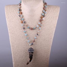 Pendant Necklaces Fashion Bohemian Tribal Artisan Jewellery Rosary Chain Amazonite Stones Ox Horn Necklace