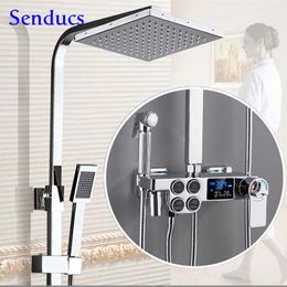 Bathroom Shower Sets Digital Shower Set Senducs Polished Chrome Thermostatic Shower System Brass Bathtub Mixer Tap Square Digital Bathroom Shower Set G230525