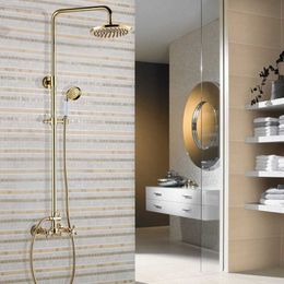 Bathroom Shower Sets Luxury Polished Gold Colour Brass Wall Mounted Bathroom 8 Inch Round Rainfall Shower Faucet Set Bath Mixer Tap Hand Shower mgf334 G230525