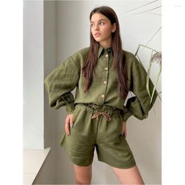 Women's T Shirts Women Summer Cotton Linen Suit Thin Long Sleeve Button Blouse And Shorts Suits Loose Causal Green Outfit