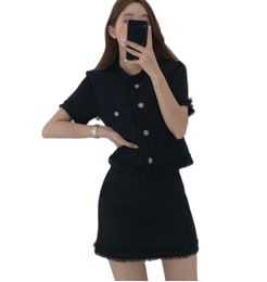 Women korean o-neck short sleeve tweed top and a-line desinger skirt twinset 2 pc dress suit