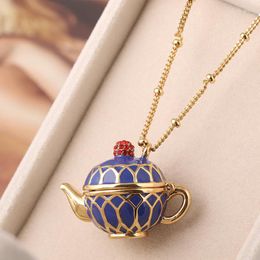 Pendant Necklaces Trendy Copper Material Kettle Design Blue Enamel Red Rhinesone Decoration Necklace Ancient China Antiques Women Jewellery