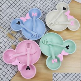 Cups Dishes Utensils Utensil Kid Cutlery Set Baby Wheat St Mouse Spoon Fork Bowl 3Pcs Girls Cartoon Tableware Dinnerware Gift Box Dh7Tm