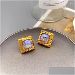 Stud Earrings Retro Geometric Square Braided Texture Inlaid Colored Crystal For Women Everyday Collocation Luxury Jewelry Dro Dhgarden Dhc5I
