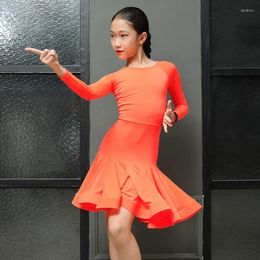 Stage Wear Children Long-sleeved Latin Dance Practise Clothes Slim Dress With Swing Skirt Girls Professional Performance L22304