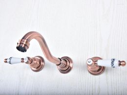 Bathroom Sink Faucets Double Ceramic Handle Wall Mounted Antique Red Copper Faucet & Cold Water Taps Basin Mixer Tap Tsf503