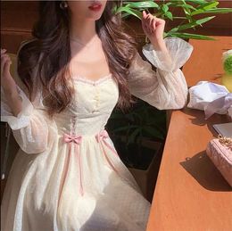 Casual Dresses Vintage Lolita Dress Casual Bow Long Sleeve Lace Dress Elegant One Piece Dress