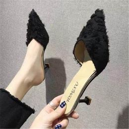 Slippers Knitted Elastic Mesh Women 2023 Summer Shoes Fashion Pointed Toe Slides Spike Heels Beige Mules Female
