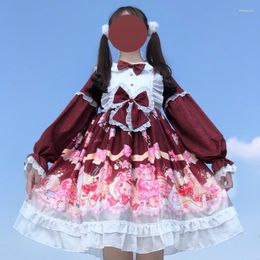 Casual Dresses Kawaii Strawberry Christmas Dress Women Soft Girls Long Sleeve Cute Bear Lolita Gothic Cosplay Princess Party Pink Red