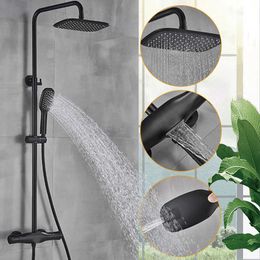 Bathroom Shower Sets SHBSHAIMY Black Bathroom Thermostatic Mixer Shower Faucet Wall Mounted Rainfall Shower Set Bath Shower System Hot and Cold Water G230525