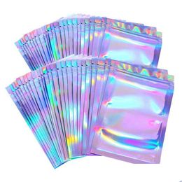 Packing Bags Resealable Smell Proof Mylar Foil Pouch Flat Zipper Bag Laser Rainbow Holographic Color Packaging For Party Favor Food Dhsob