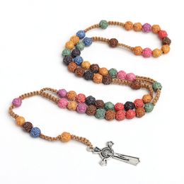 Christian Rose Beads Rosary Necklace For Women Cross Crucifix Pendant Long Chain Female Fashion Religion Jewellery Gift