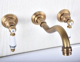 Bathroom Sink Faucets In-Wall Basin Faucet Set 3 Hole Antique Brass Double Ceramic Handle Wall Mounted Cold Tap Tsf510