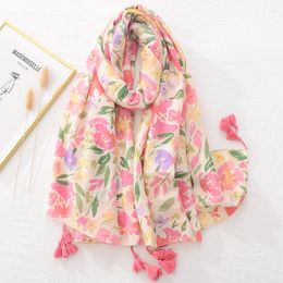 Scarves Printed Soft Linen Cotton Scarf Shawls Women Luxury Korean Style Premium Foulard Femme Long Fresh Floral Tassel Scarfs