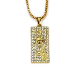 Pendant Necklaces Hip Hop Rhinestones Paved Bling Iced Out Golden 100 Dollars Money RICH Pendants Necklace For Men Rapper Jewellery Drop