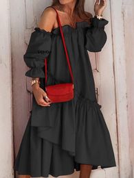 Casual Dresses Summer Off Shoulder Dress 2023 Vintage Pleated Party Vestidos Sexy Long Sleeve Asymmetrical Midi Sundress Feminina