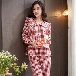 Women's Sleepwear Women Doll Collar Lapel Nightwear Suit Autumn Plaid Long Sleeve Princess Pyjamas Casual Cardigan Homewear M-XXXL Pijamas