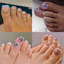 False Nails 24pcs Simple French Fake Toenails Leopard Print Short Square Toe Artificial Full Cover Foot Tips For Women Girls