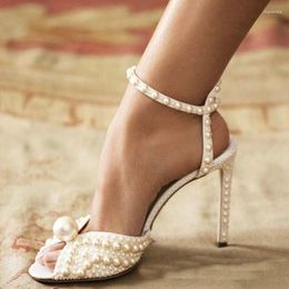 Sandals 2023 Handmade Pearl High Heels Peep-toe Fairy Shoes Wedding Dress Bridal Bridesmaid Stiletto