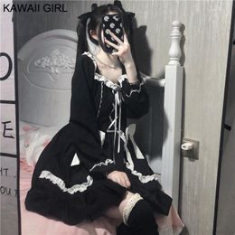 Casual Dresses Spring 2023 Kawaii Lolita Dress Women Sweet Cute Ruffle Black Slim Lace Bow OP Soft Girl Cosplay Maid Mini