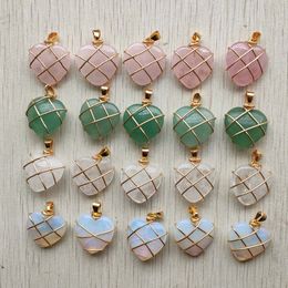 Gold Natural Stone Crystal Pendant Wire wrap Heart Necklace Energy Stone Healing Black opal Green Rose Quartz Yoga Gift Wholesale