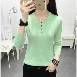 Women's Sweaters Green Girl OL Button Vest Pullover Low V Collar Sweater Women's T-shirt Women Pull Slim Top Cloth Shirt Clothes