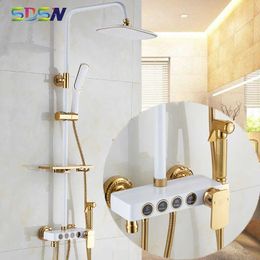 Bathroom Shower Sets Bath Shower Set White Gold Shower System Quality Brass Bathtub Faucet Copper Gold Bath Bidet Rainfall Bathroom Shower Mixer Set G230525