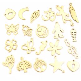 10pcs/lot 316 Stainless Steel Gold Plated Tree Moon Butterfly Small Charms Pendant For Necklace DIY Jewellery Making