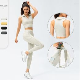 Active Sets S-Yoga Set High Waist Polo Collar Tank Top Fitness Running Tights Two Piece Workout Clothes For Women