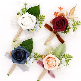 Silk Boutonniere Bridal Wrist Corsage Bridesmaid Groomsmen Artificial Rose Brooches Flowers For Wedding Dancing Party Decoration