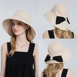 Wide Brim Hats Fashion Bow Sun Bucket Hat Summer Women Anti-UV Beach Cotton Bowknot Foldable Fisherman Cap Travel Flat Eger22