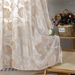 Curtain Luxury American Pastoral Relief Flower Tulle High-grade Flocking Thickened Semi Blackout Sheer Drapes For Living Room
