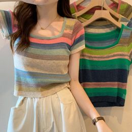 516 L 2023 Summer Sweaters Women's Pullover Sweater Blue Pink Squared Neck Short Sleeve Brand Same Style Women's xiurong