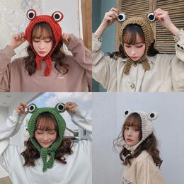 Berets INS Cute Sweet Big Eyes Frog Woollen Knitted Hat Female Korean Students Autumn And Winter Internet-Famous Same Fashion