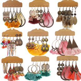 Exknl 3 Pairs/set Big Vintage Fringed Tassel Drop Earrings Set Women Ethnic Boho Feather Long Flower Earrings Jewellery 2021 New