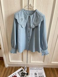 Women's Blouses 2023 Women Fashion Long Sleeve Sexy Retro Light Blue Lapel Shirt Top 0313