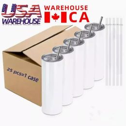 USA /CA Local Warehouse 20oz sublimation tumblers blanks white straight 304 Stainless Steel Vacuum Insulated Tumbler Slim DIY 20 oz Cups Car Coffee Mugs 1025
