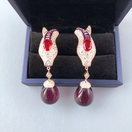 Designer Collection Stud Earrings Inlay Czech Zircon Plated Gold Color Purple Bead Tassels Snake Serpent Snakelike Eardrop