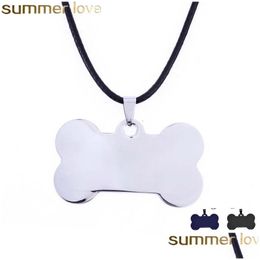Pendant Necklaces Fashion Custom Engrave Name Glossy Bone Dog Tag For Women Black Gold Sier Stainless Steel Pet Cat Necklace Jewelry Dhjx2