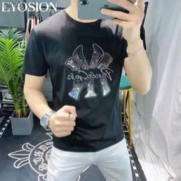 Men's T-Shirts Men T-shirt Summer Fashion Korean Clothes TShirt Shiny Letter Diamonds Hot Drills Tops Cotton Short Sleeve Tees 2022 New S-5XL L230520